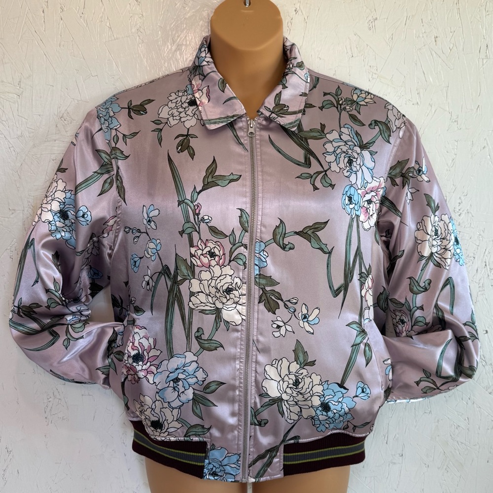 Urban Outfitters Floral Satin Bomber Jacket Medium Faux Fur Mauve
